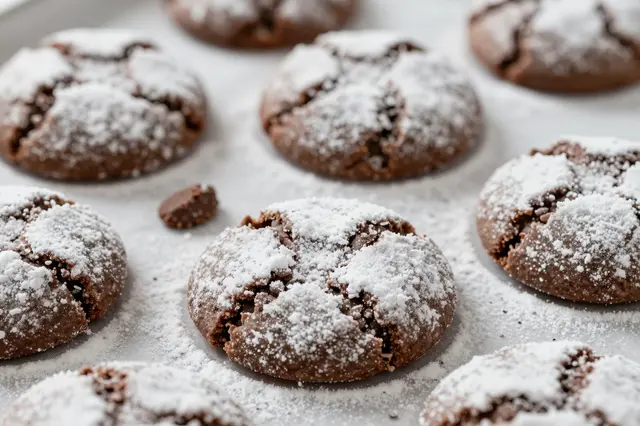 Fresh chocolate crinkle cookies dusted with powdered sugar arranged on a baking sheet lined with parchment paper