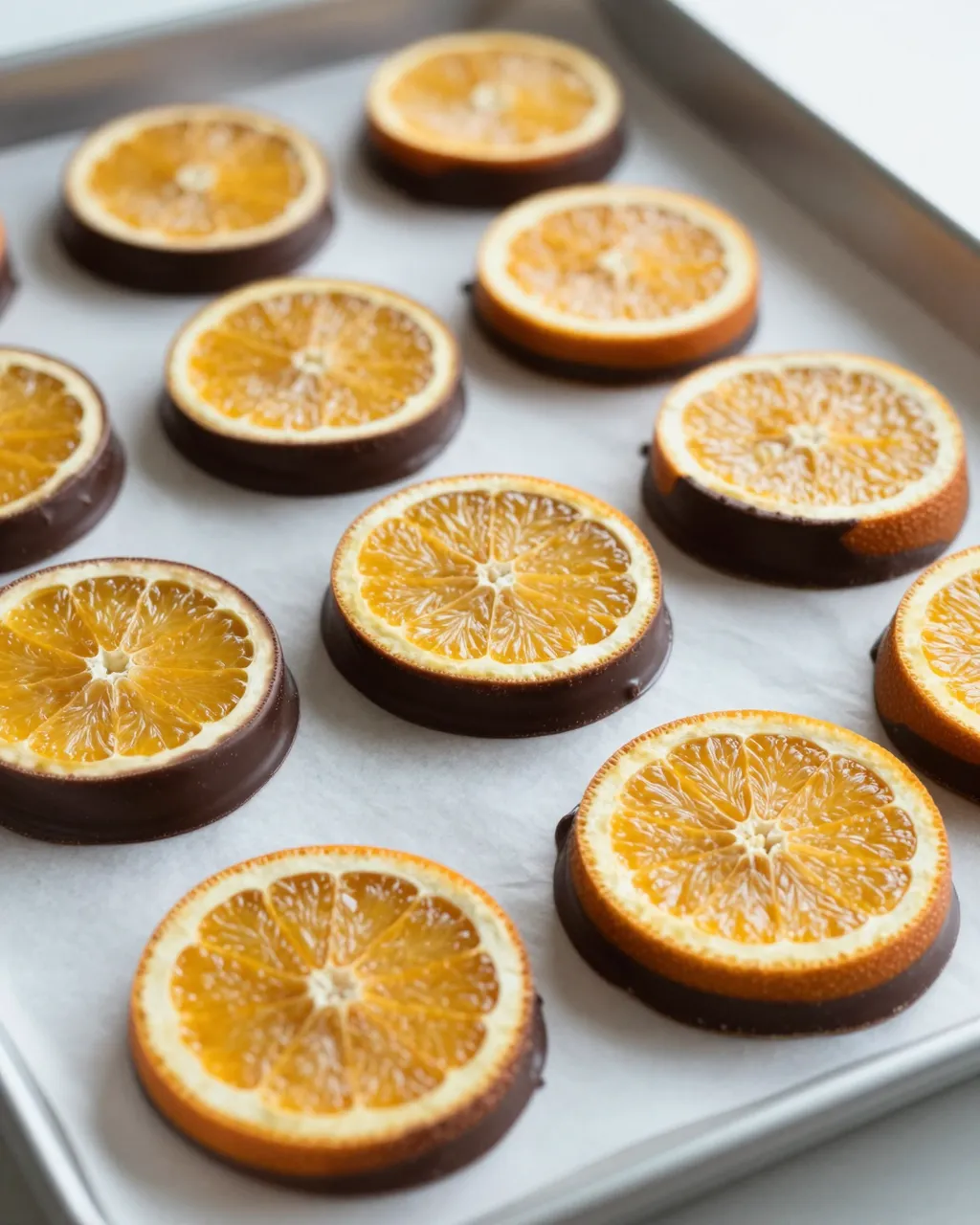 Candied orange slices half dipped in dark chocolate arranged on a parchment lined baking tray