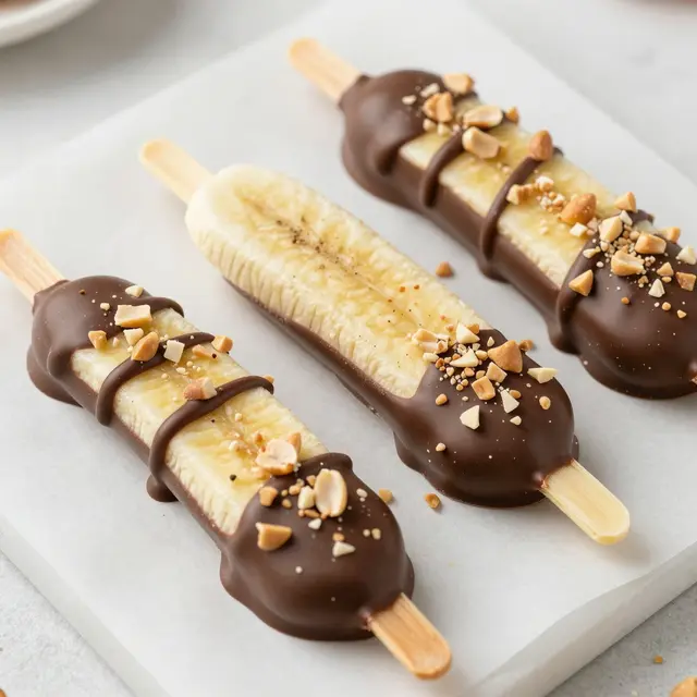Three frozen banana pops on wooden sticks, coated in dark chocolate and sprinkled with chopped peanuts, arranged on white