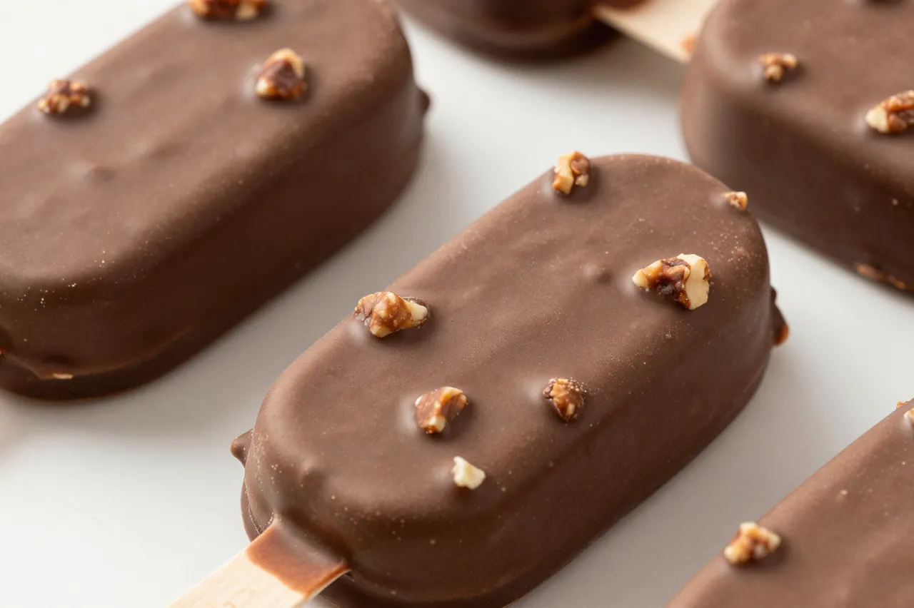 Close-up view of multiple chocolate-coated ice cream bars topped with chopped nuts arranged on a pale surface