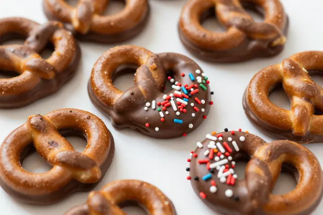 Assortment of chocolate-covered pretzels, some topped with festive colorful sprinkles, arranged on a pale white surface.