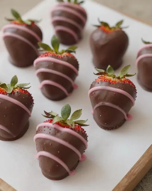 Close-up of chocolate covered strawberries with pink drizzle arranged on parchment paper over a wooden tray