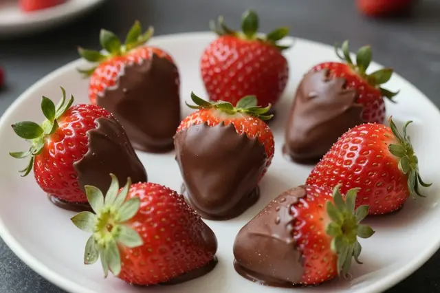 A white plate holds glossy whole strawberries, most partially dipped in smooth dark chocolate.