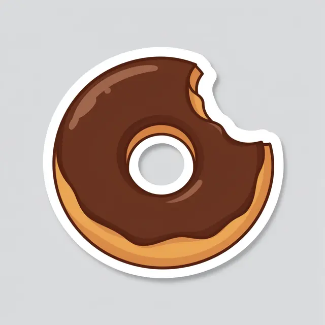 Die cut sticker of a bitten chocolate glazed donut with a white border on a light gray background