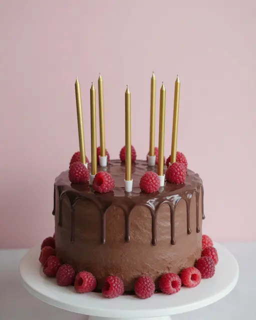 Chocolate drip birthday cake with gold candles and raspberries on a white stand against a blush pink wall