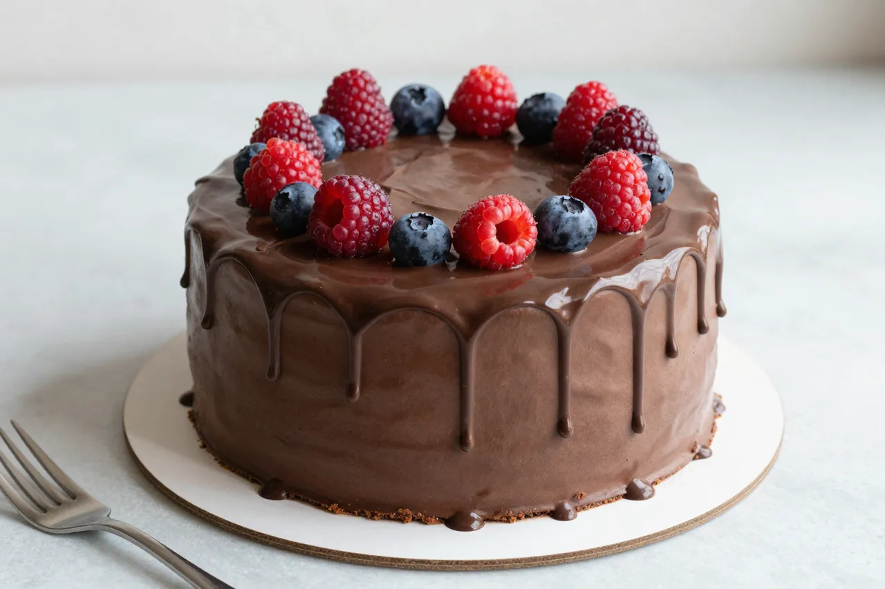 Glazed chocolate drip cake topped with fresh raspberries and blueberries rests on a white cake board next to a metal fork.