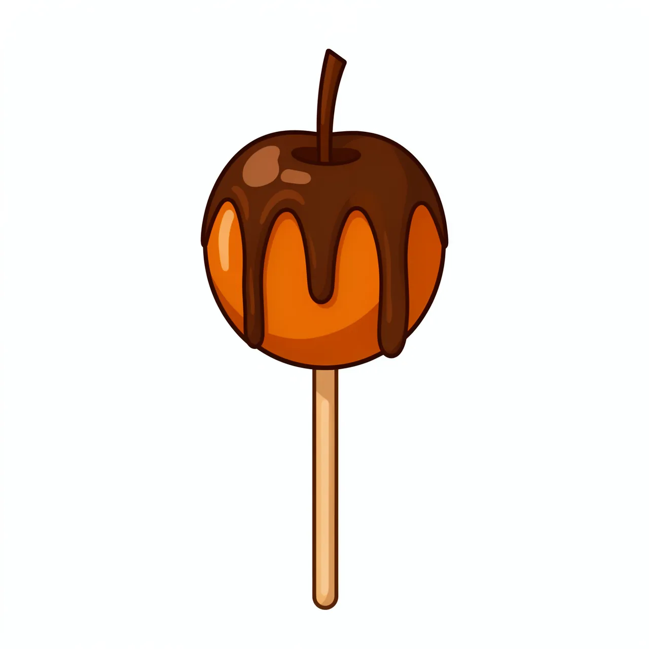 Flat clipart caramel apple on a wooden stick with chocolate drizzle, isolated on a plain white background.