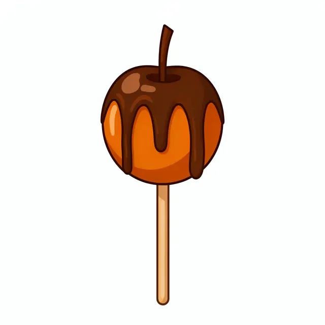 Flat clipart caramel apple on a wooden stick with chocolate drizzle, isolated on a plain white background.