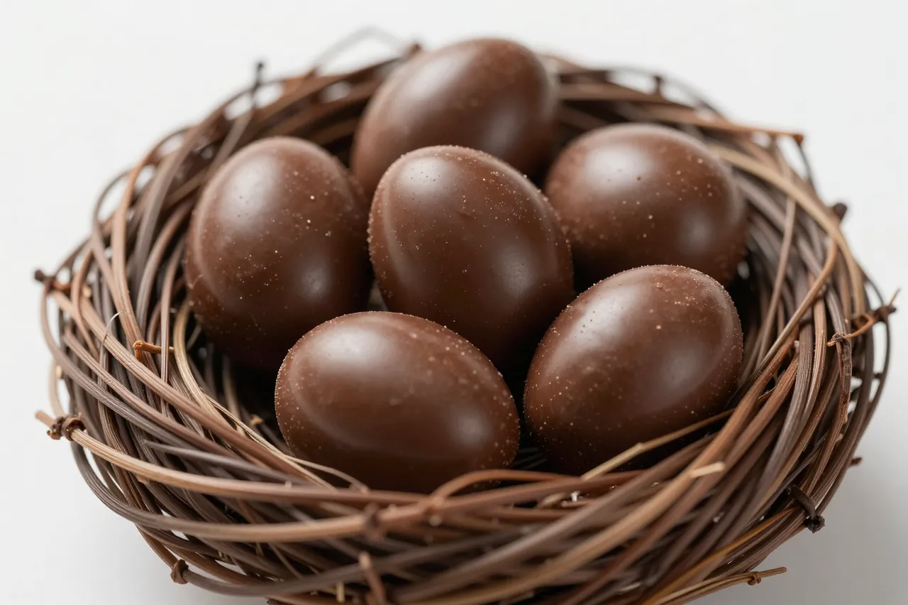 Glossy chocolate mini eggs rest inside a small woven twig nest against a plain light background