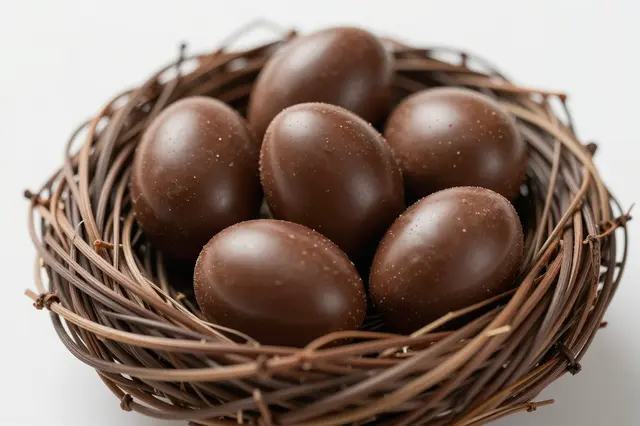 Glossy chocolate mini eggs rest inside a small woven twig nest against a plain light background