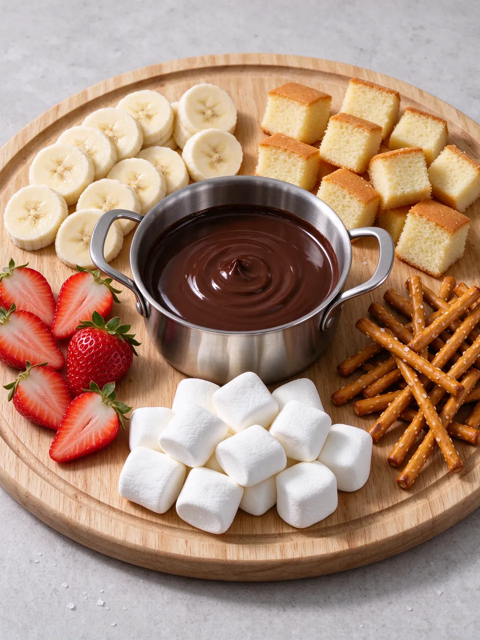Wooden platter holding a metal pot of melted chocolate surrounded by assorted fondue dippers.