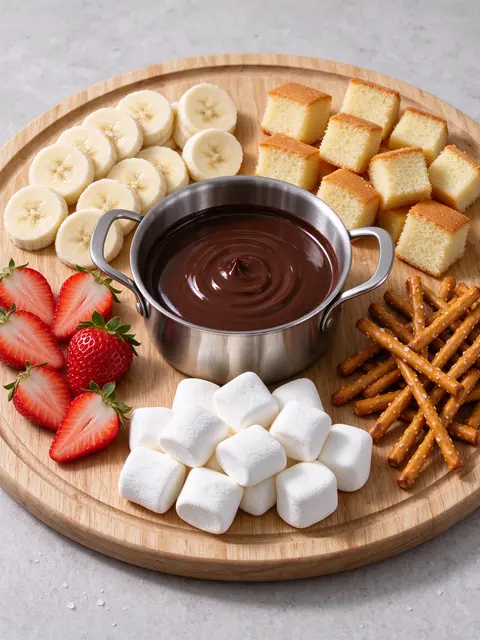 Wooden platter holding a metal pot of melted chocolate surrounded by assorted fondue dippers.