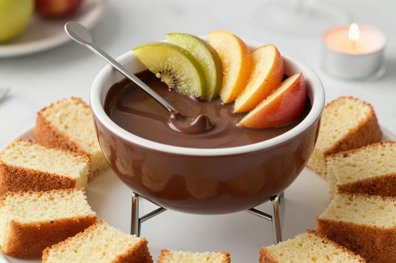 Bowl of melted dark chocolate fondue topped with sliced fruit, surrounded by pound cake and a lit tealight candle.