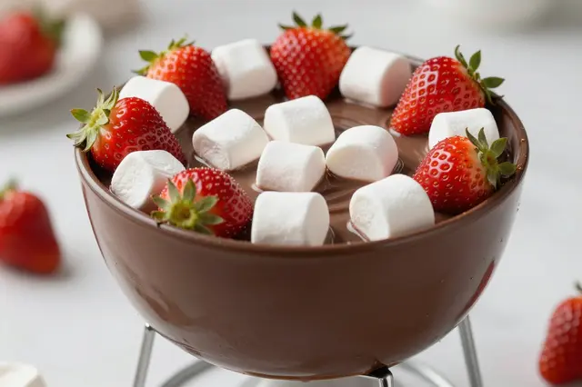A bowl of creamy chocolate fondue arranged with fresh strawberries and white marshmallows