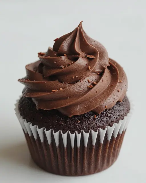 A single chocolate cupcake topped with a swirled chocolate frosting and scattered chocolate shavings in a paper liner.