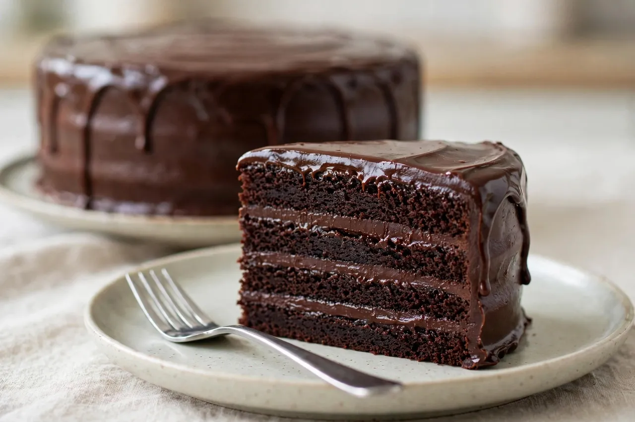 A sliced portion of four-layer chocolate fudge cake sits on a plate with a fork, next to the remaining whole cake in the