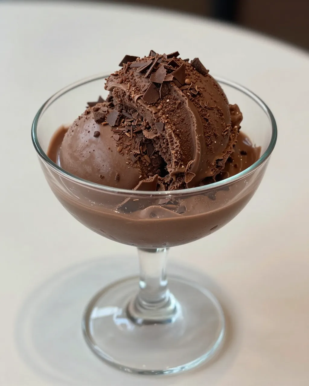 A scoop of rich chocolate gelato topped with chocolate shavings served in a clear glass coupe