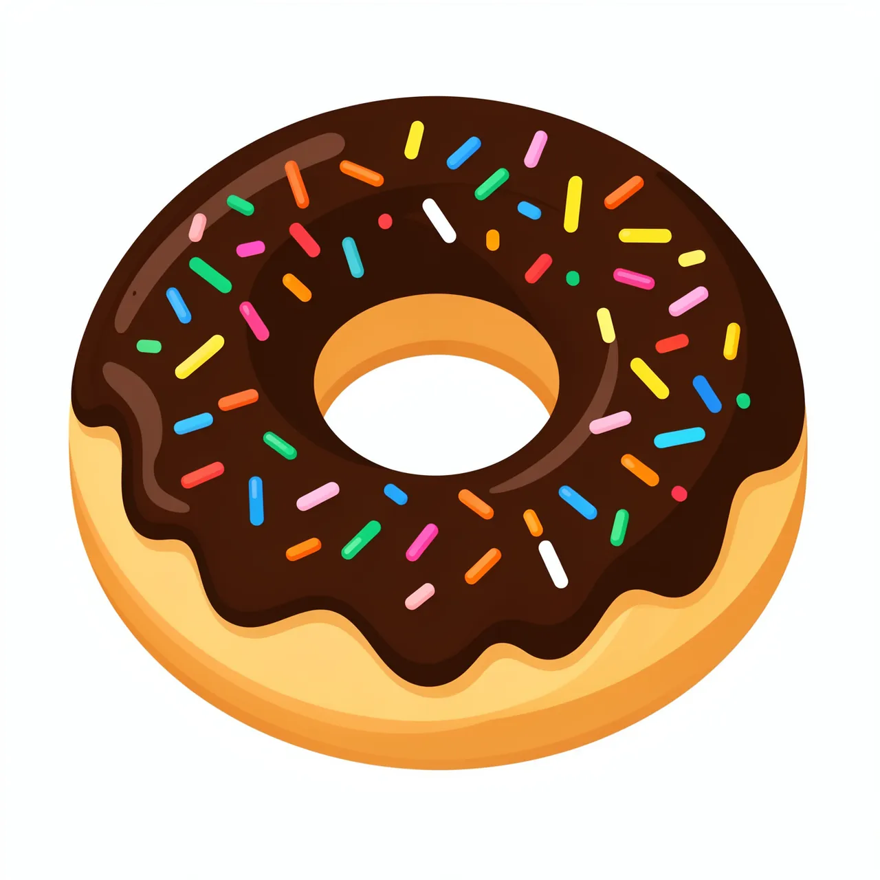 Flat illustration of a donut with dripping chocolate icing and colorful sprinkles isolated on a plain white background