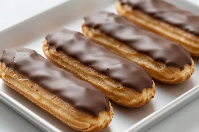 Four chocolate glazed eclairs arranged in a row on a light metal serving tray