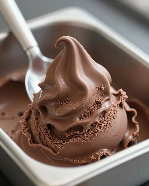A curling scoop of rich chocolate ice cream rests in a metal pan next to a metal spoon.