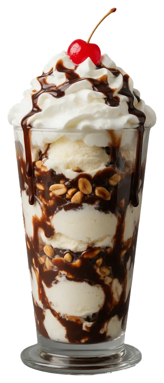 Tall glass ice cream sundae topped with whipped cream, chocolate sauce, peanuts, and a maraschino cherry