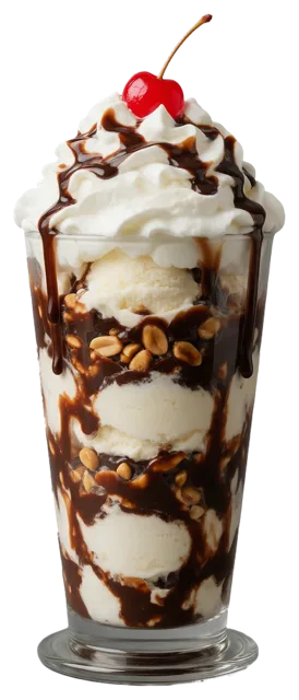 Tall glass ice cream sundae topped with whipped cream, chocolate sauce, peanuts, and a maraschino cherry