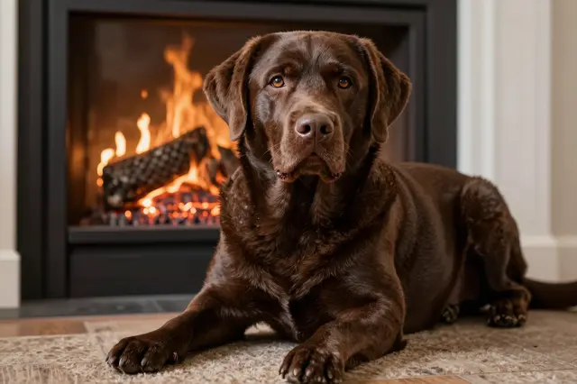 A chocolate labrador retriever lies on a carpet in front of a lit home fireplace.