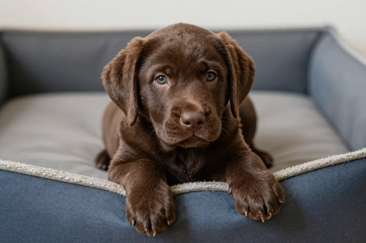 A chocolate brown labrador puppy rests with front paws over the edge of a blue plush dog bed looking at the camera.