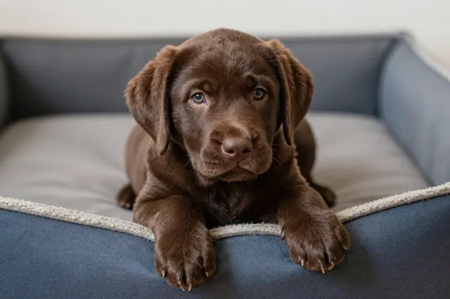 A chocolate brown labrador puppy rests with front paws over the edge of a blue plush dog bed looking at the camera.