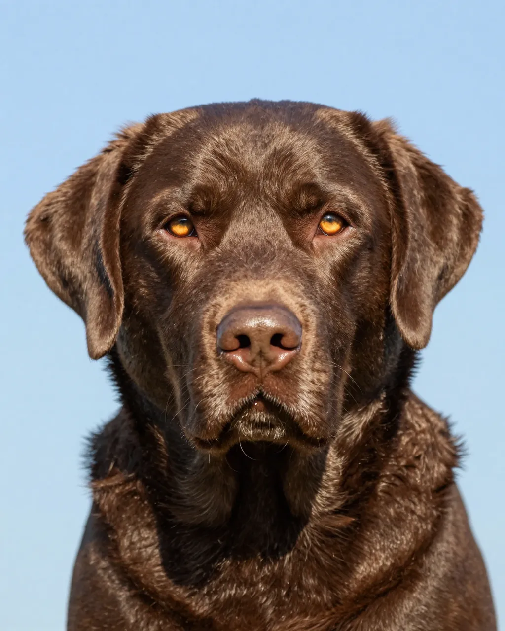 Close-up head portrait of a chocolate Labrador with amber eyes against a pale sky blue background