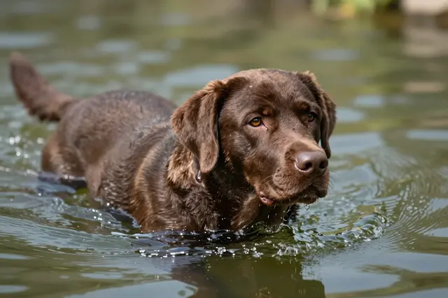 A wet chocolate labrador swims through pond water with its head held above the surface.