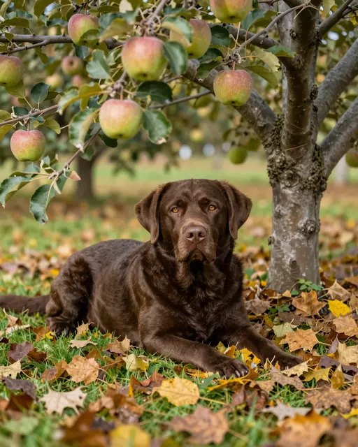 A chocolate Labrador retriever lies on fallen autumn leaves beneath a fruiting apple tree in an orchard.