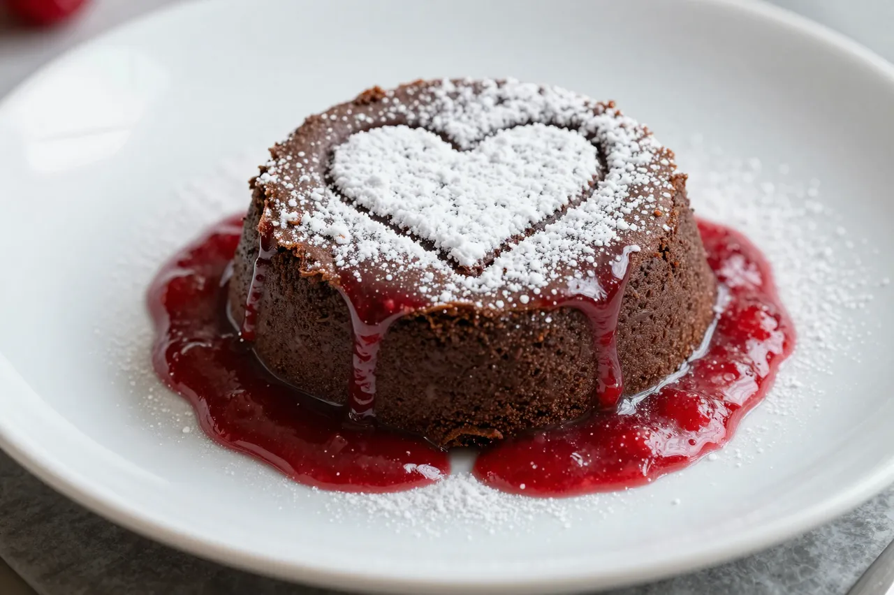 Chocolate lava cake with a powdered sugar heart and raspberry sauce sits on a white plate