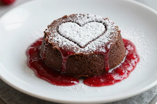 Chocolate lava cake with a powdered sugar heart and raspberry sauce sits on a white plate