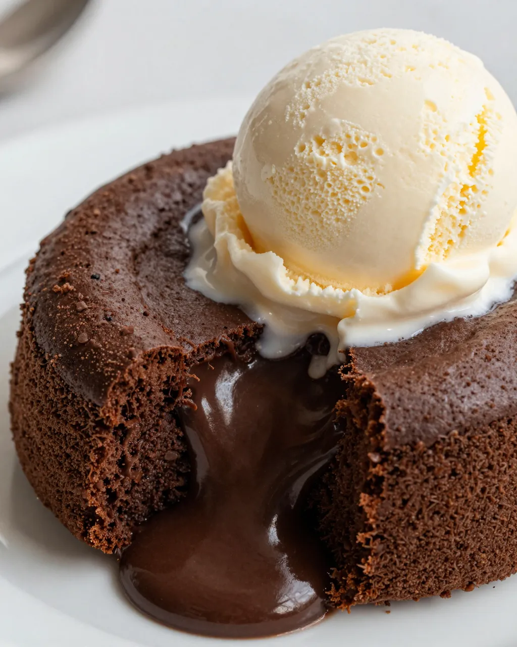 A sliced chocolate lava cake oozing molten center topped with a scoop of melting vanilla ice cream on a white plate.