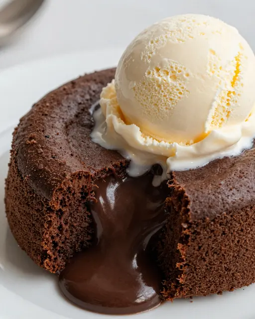A sliced chocolate lava cake oozing molten center topped with a scoop of melting vanilla ice cream on a white plate.