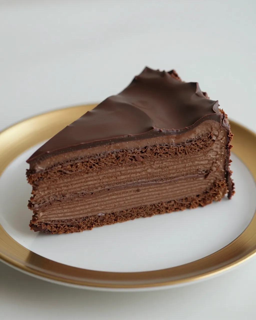 A layered chocolate cake slice with glossy chocolate glaze rests on a gold-rimmed white plate