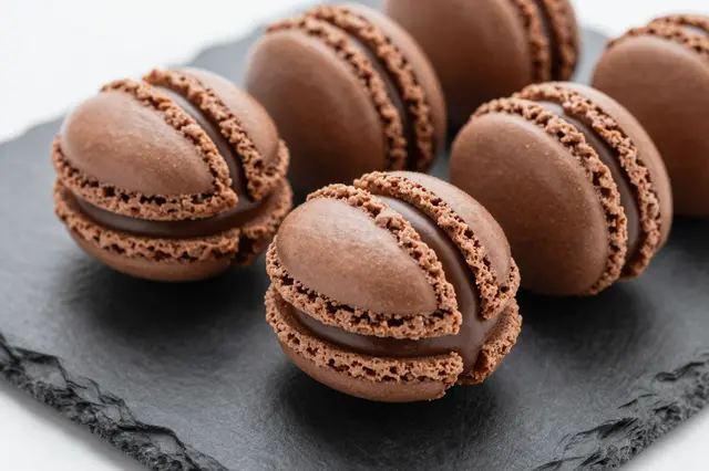 Close-up of chocolate ganache macarons arranged on a dark slate serving platter against a light background