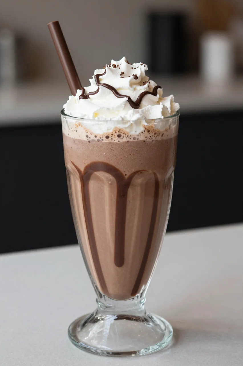 A tall glass of thick chocolate milkshake topped with whipped cream, chocolate drizzle and a chocolate straw.