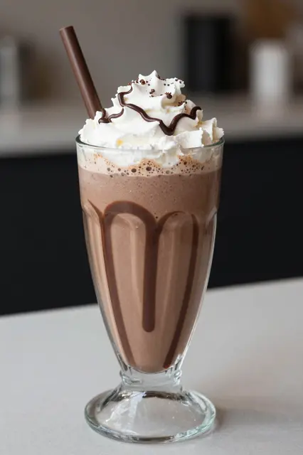 A tall glass of thick chocolate milkshake topped with whipped cream, chocolate drizzle and a chocolate straw.
