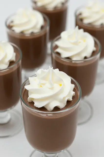 Close-up of small glass cups filled with chocolate mousse topped with swirled whipped cream arranged on a light surface