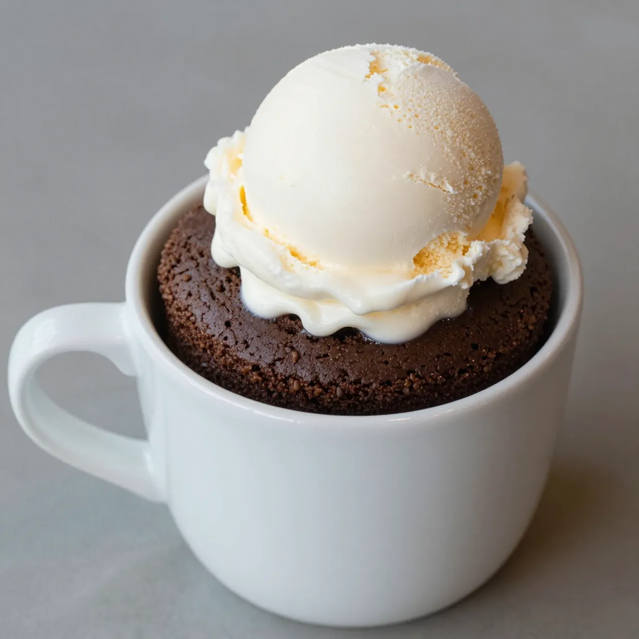 A white ceramic mug holds a chocolate mug cake topped with a scoop of melting vanilla ice cream.