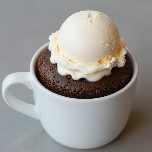A white ceramic mug holds a chocolate mug cake topped with a scoop of melting vanilla ice cream.