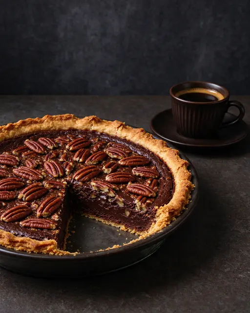 A sliced chocolate pecan pie sits next to a dark espresso cup on a dark stone surface