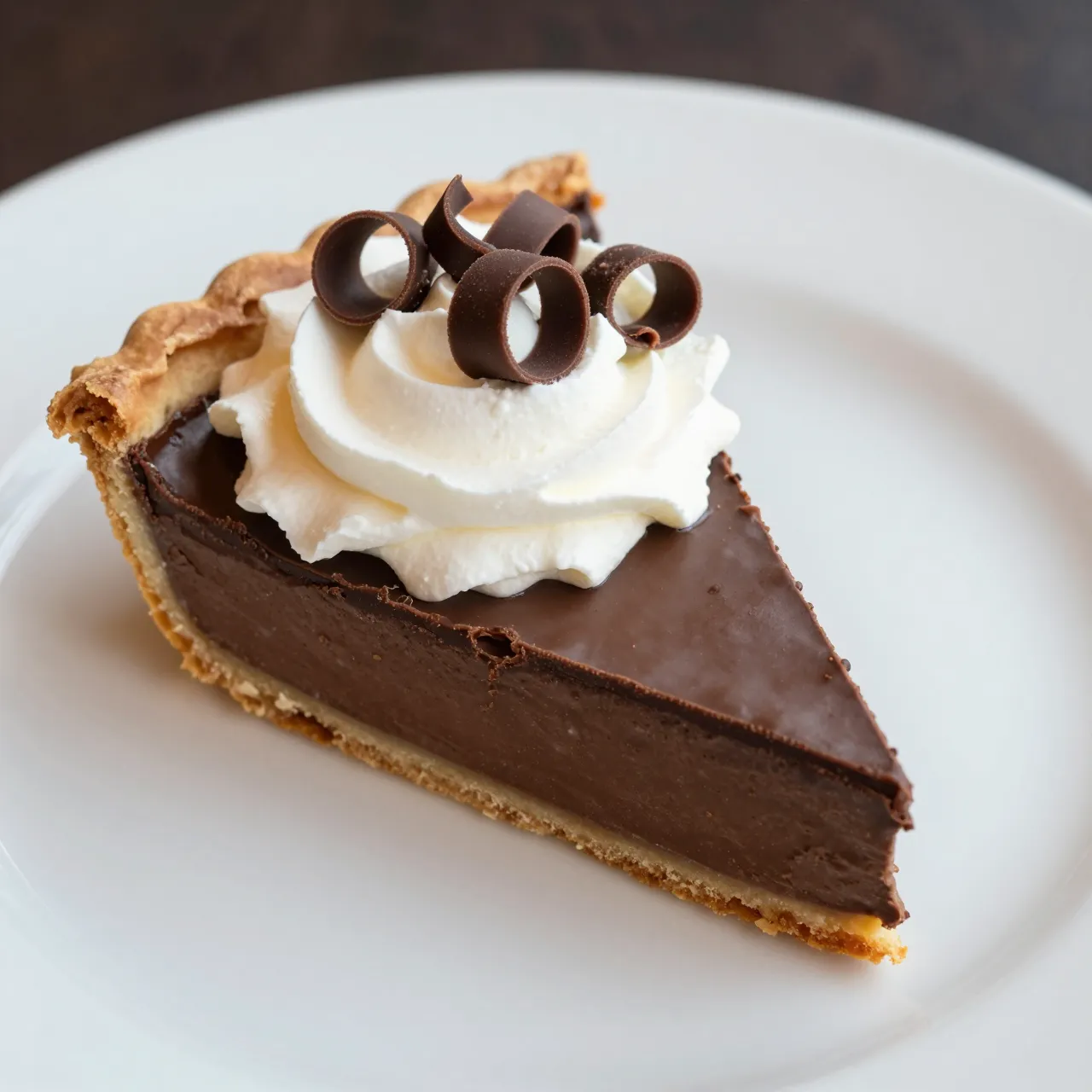 A slice of chocolate pie topped with whipped cream and chocolate curls rests on a white plate