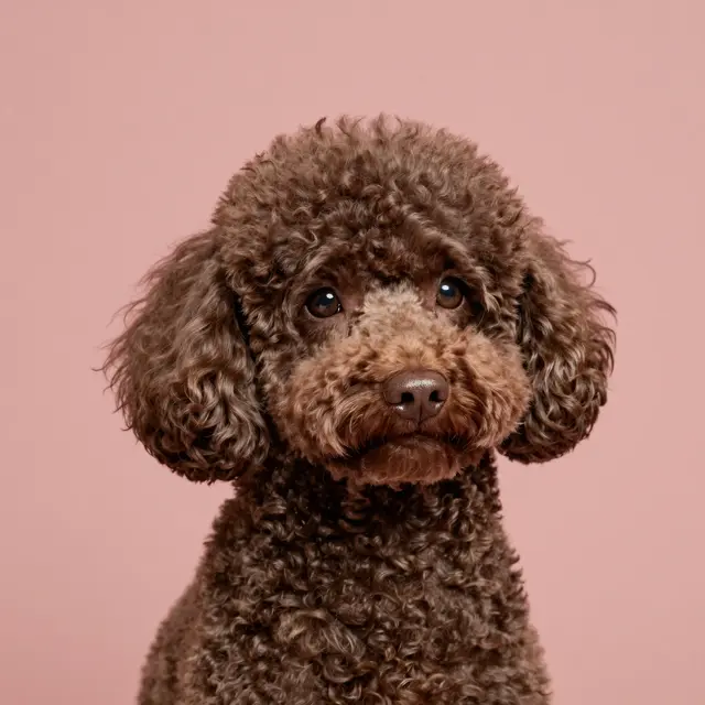 Headshot of a curly coated chocolate poodle against a dusty rose solid backdrop