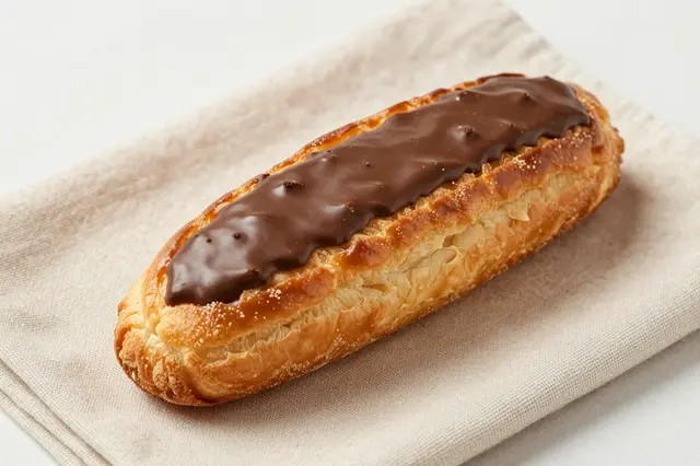 Chocolate-topped flaky pastry rests on a folded beige linen napkin over a light neutral surface