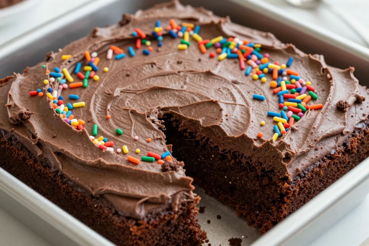 Chocolate sheet cake with fudgy frosting and rainbow sprinkles has one square portion removed from its metal pan.