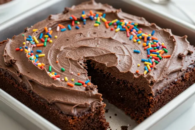 Chocolate sheet cake with fudgy frosting and rainbow sprinkles has one square portion removed from its metal pan.