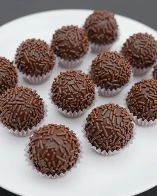 Chocolate brigadeiros coated in sprinkles sit in small paper liners arranged on a white plate.